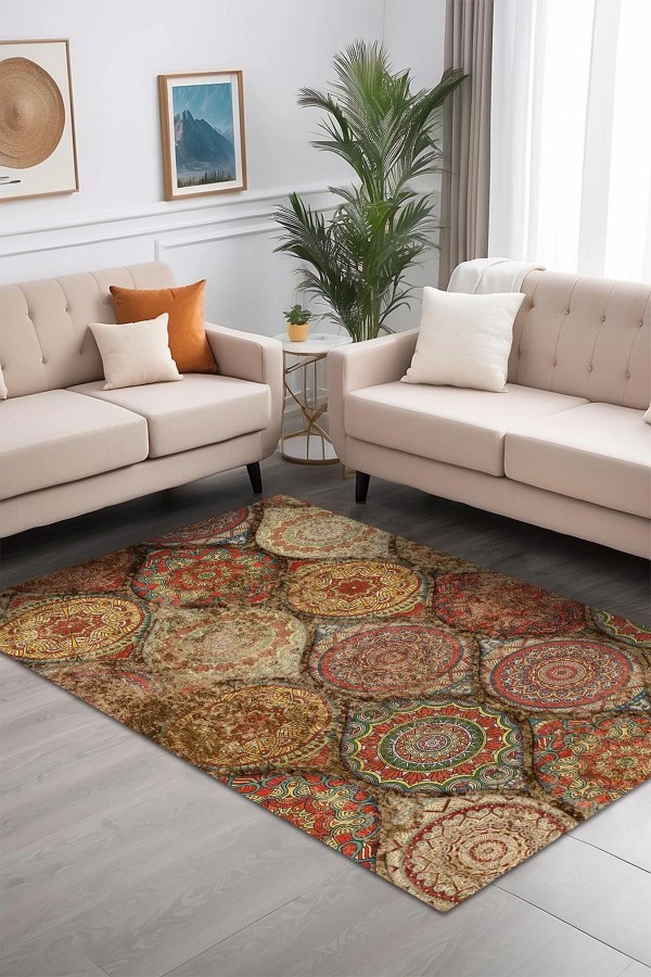 Azelya Desenli Pamuk Tabanlı Yıkanabilen Kaymaz Antibakteriyel Şönil Salon Halısı