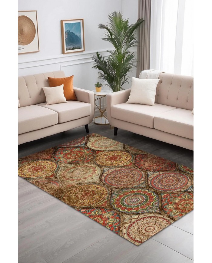 Azelya Desenli Pamuk Tabanlı Yıkanabilen Kaymaz Antibakteriyel Şönil Salon Halısı