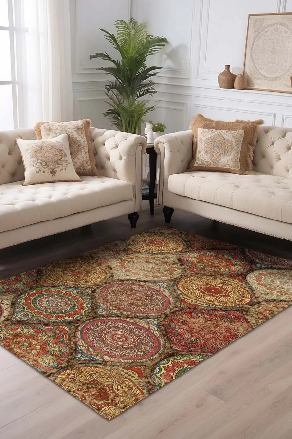 Azelya Desenli Pamuk Tabanlı Yıkanabilen Kaymaz Antibakteriyel Şönil Salon Halısı