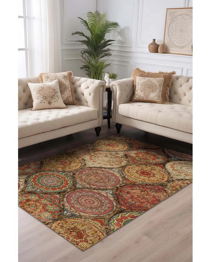 Azelya Desenli Pamuk Tabanlı Yıkanabilen Kaymaz Antibakteriyel Şönil Salon Halısı