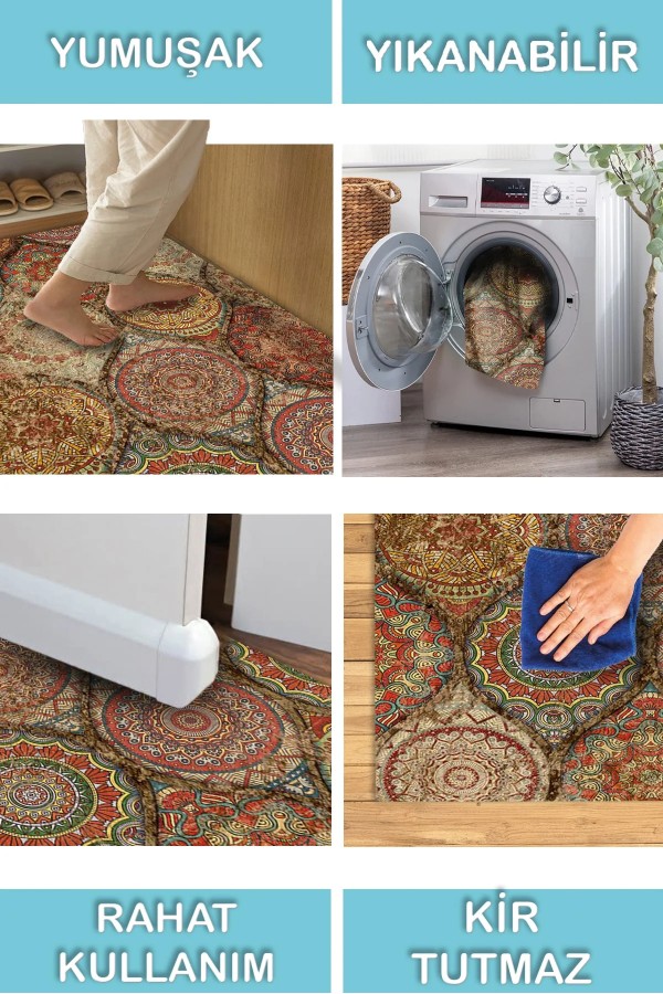 Azelya Desenli Pamuk Tabanlı Yıkanabilen Kaymaz Antibakteriyel Şönil Salon Halısı
