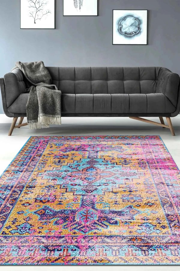 Begon Desenli Pamuk Tabanlı Yıkanabilen Kaymaz Antibakteriyel Şönil Salon Halısı