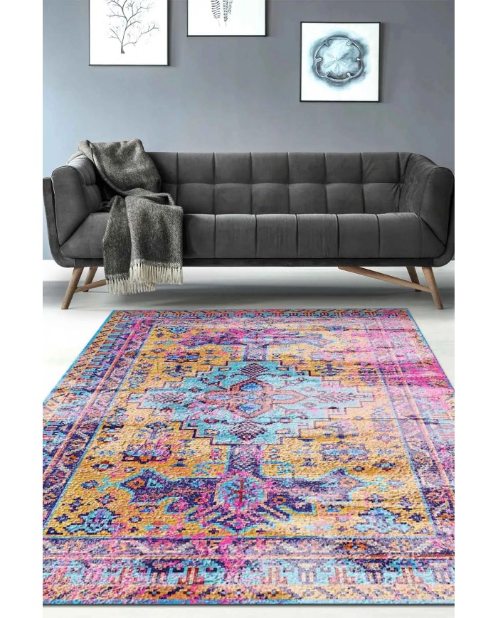 Begon Desenli Pamuk Tabanlı Yıkanabilen Kaymaz Antibakteriyel Şönil Salon Halısı