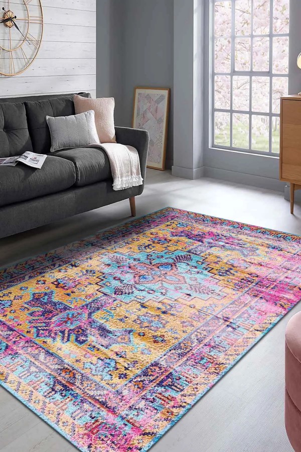 Begon Desenli Pamuk Tabanlı Yıkanabilen Kaymaz Antibakteriyel Şönil Salon Halısı