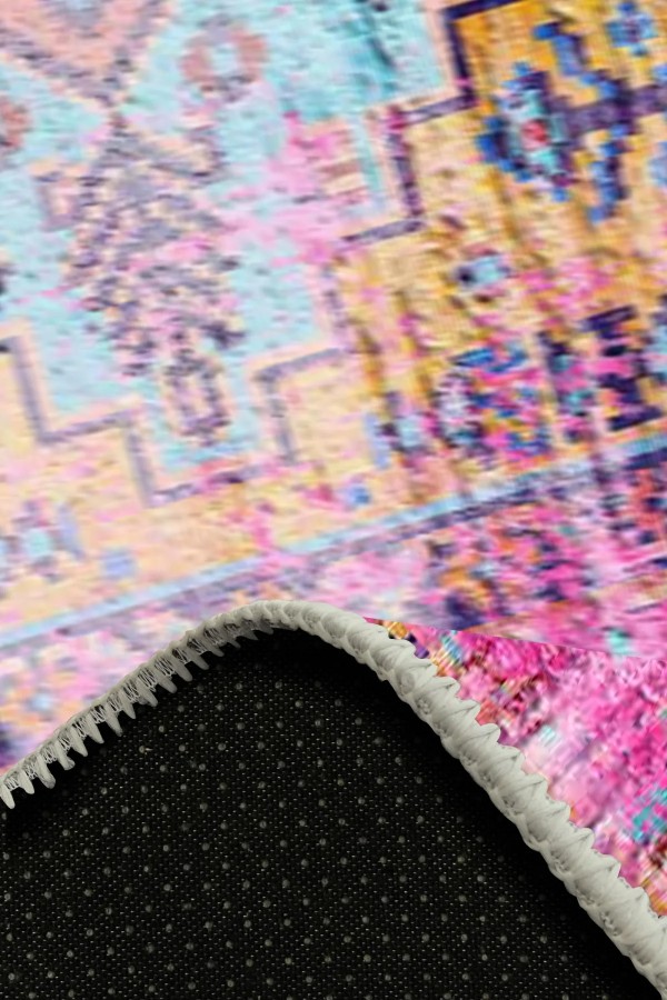 Begon Desenli Pamuk Tabanlı Yıkanabilen Kaymaz Antibakteriyel Şönil Salon Halısı