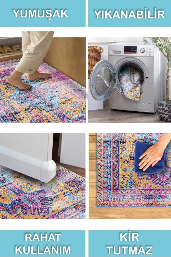 Begon Desenli Pamuk Tabanlı Yıkanabilen Kaymaz Antibakteriyel Şönil Salon Halısı