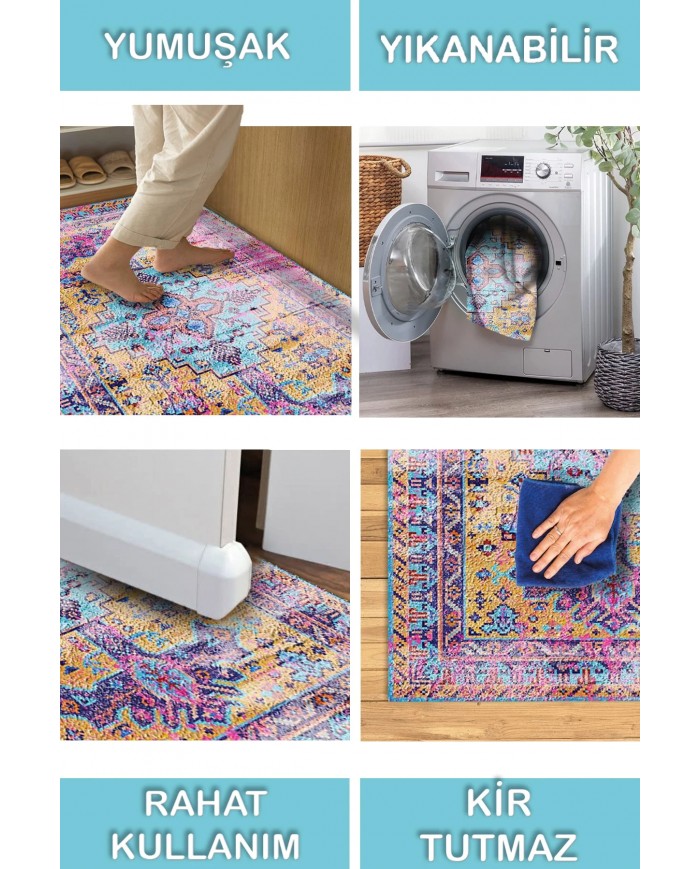 Begon Desenli Pamuk Tabanlı Yıkanabilen Kaymaz Antibakteriyel Şönil Salon Halısı