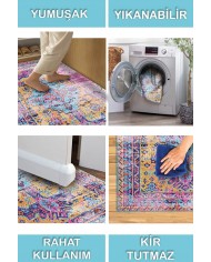 Begon Desenli Pamuk Tabanlı Yıkanabilen Kaymaz Antibakteriyel Şönil Salon Halısı