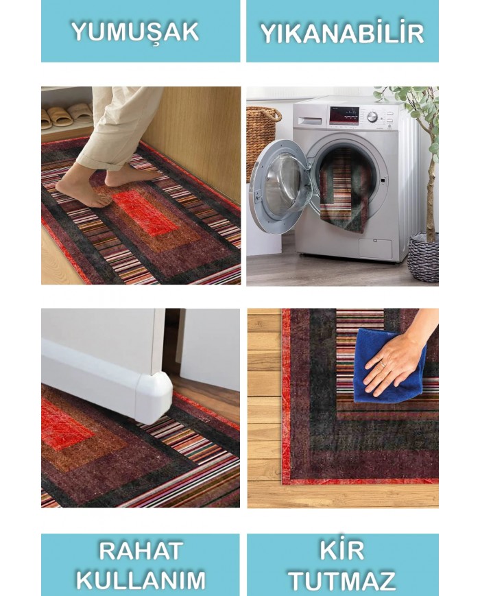 Bereys Desenli Pamuk Tabanlı Yıkanabilen Kaymaz Antibakteriyel Şönil Salon Halısı
