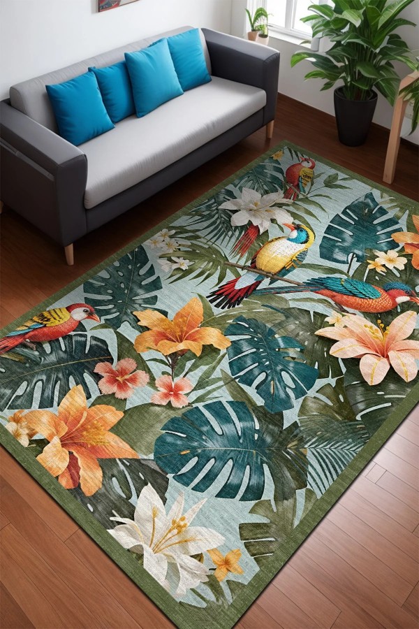 Bird Desenli Pamuk Tabanlı Yıkanabilen Kaymaz Antibakteriyel Şönil Salon Halısı