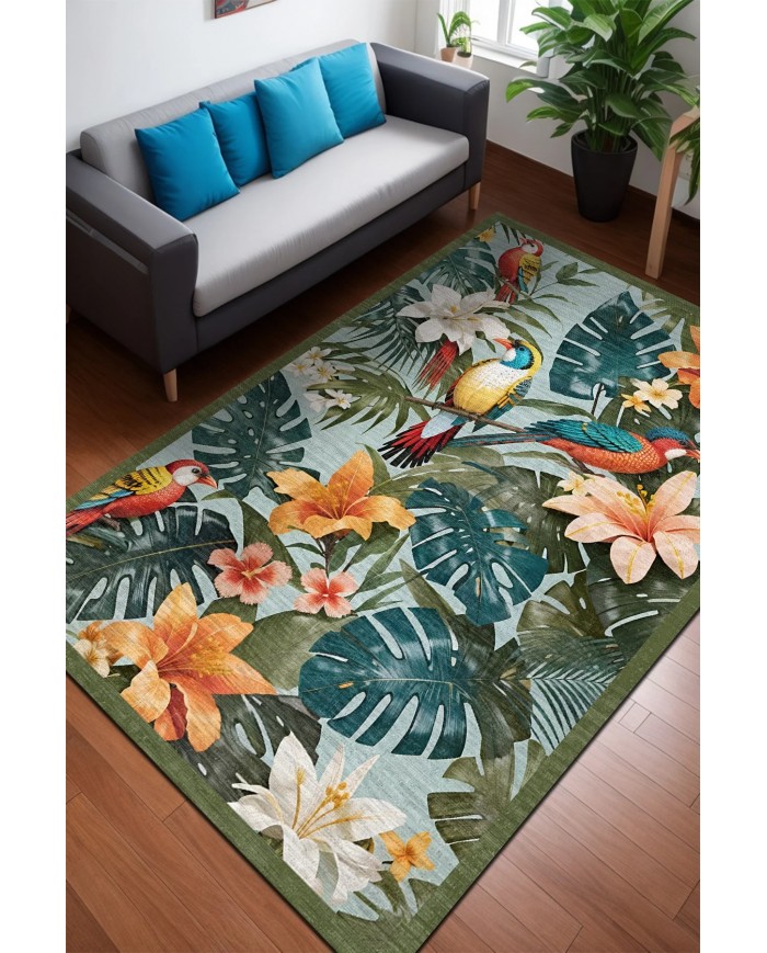 Bird Desenli Pamuk Tabanlı Yıkanabilen Kaymaz Antibakteriyel Şönil Salon Halısı