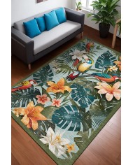 Bird Desenli Pamuk Tabanlı Yıkanabilen Kaymaz Antibakteriyel Şönil Salon Halısı