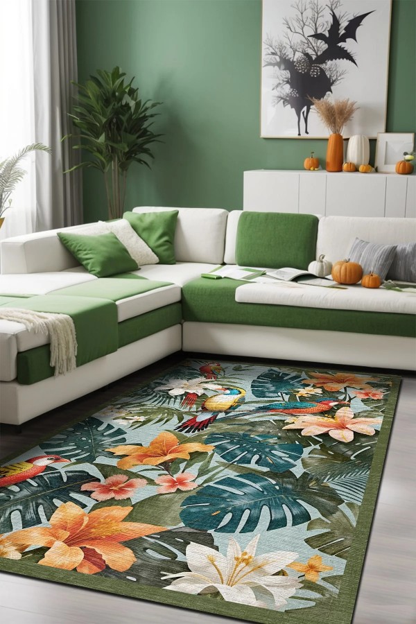 Bird Desenli Pamuk Tabanlı Yıkanabilen Kaymaz Antibakteriyel Şönil Salon Halısı