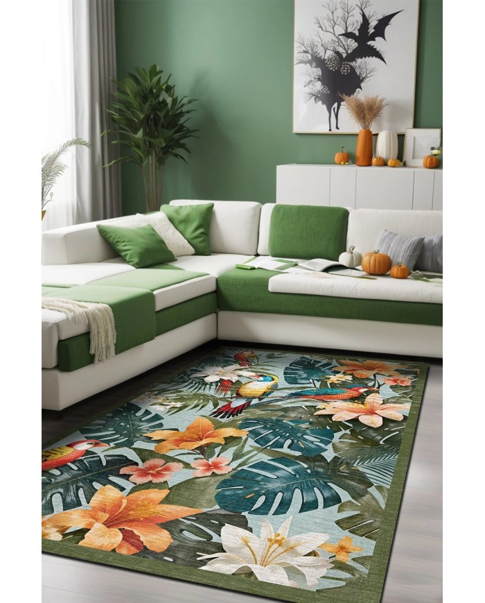 Bird Desenli Pamuk Tabanlı Yıkanabilen Kaymaz Antibakteriyel Şönil Salon Halısı