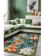 Bird Desenli Pamuk Tabanlı Yıkanabilen Kaymaz Antibakteriyel Şönil Salon Halısı