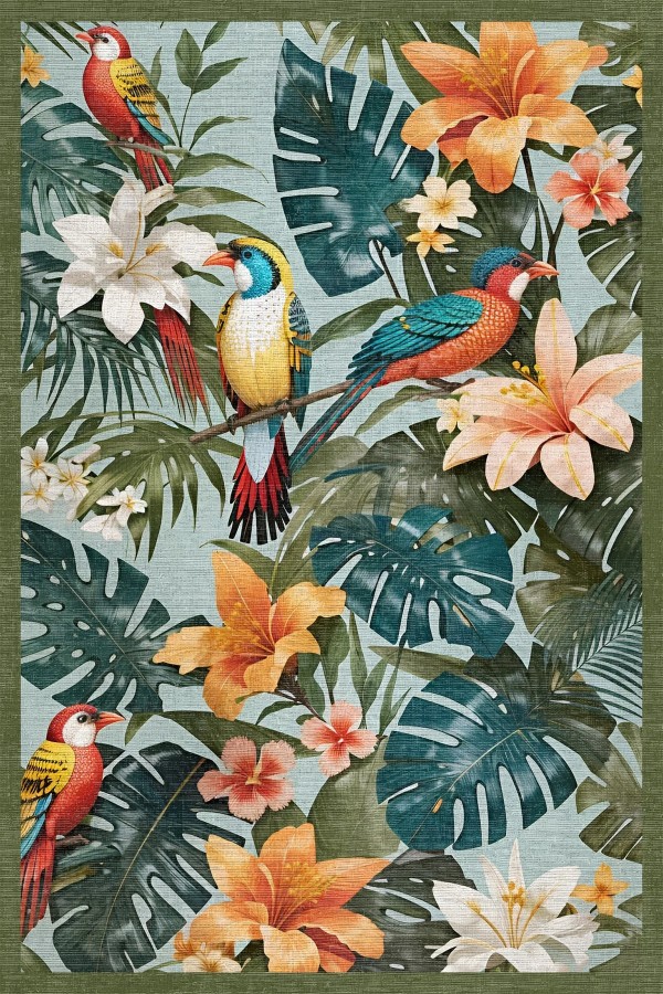 Bird Desenli Pamuk Tabanlı Yıkanabilen Kaymaz Antibakteriyel Şönil Salon Halısı