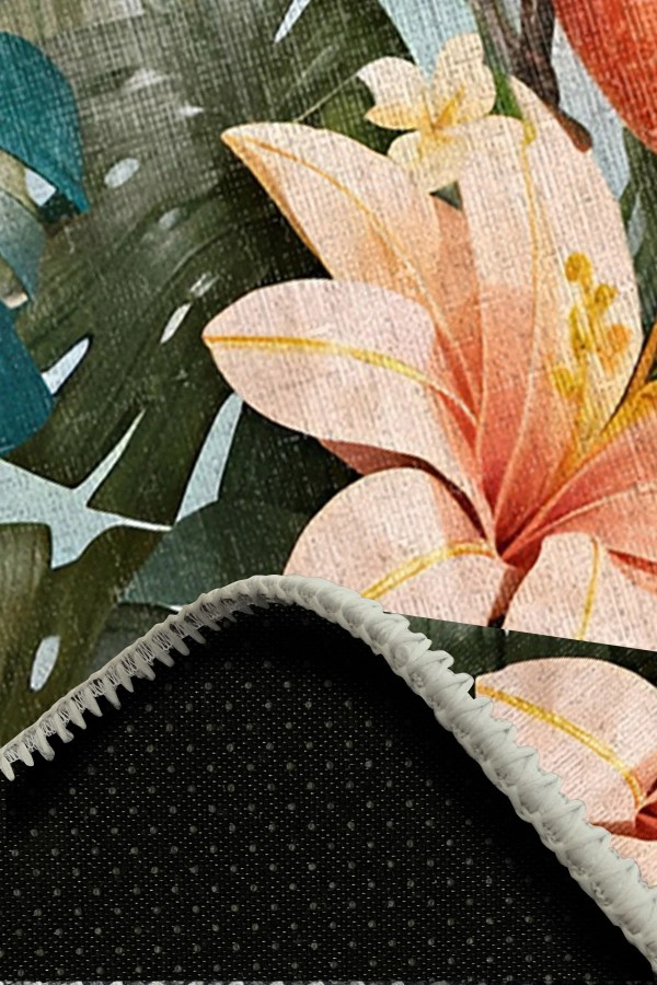 Bird Desenli Pamuk Tabanlı Yıkanabilen Kaymaz Antibakteriyel Şönil Salon Halısı