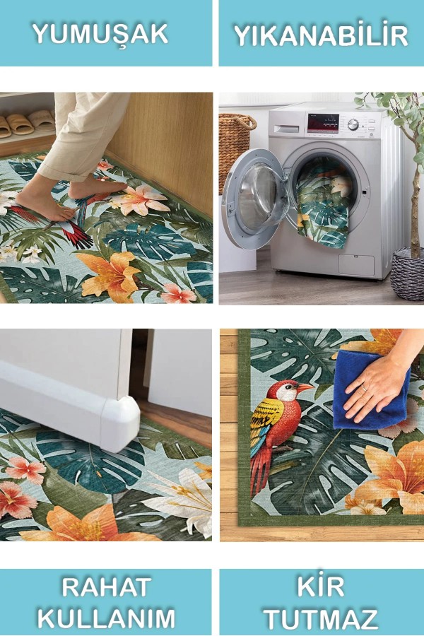 Bird Desenli Pamuk Tabanlı Yıkanabilen Kaymaz Antibakteriyel Şönil Salon Halısı