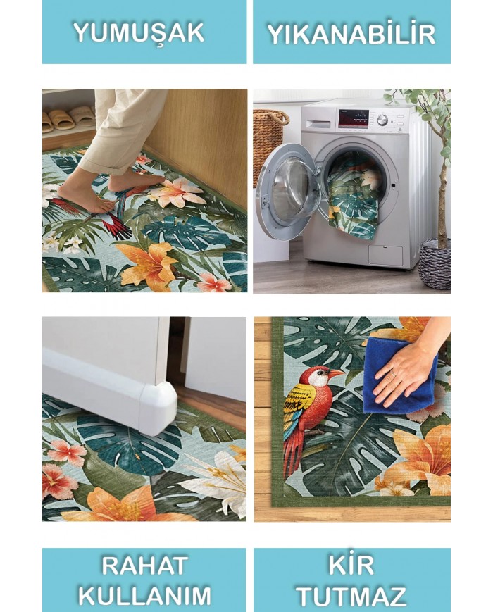 Bird Desenli Pamuk Tabanlı Yıkanabilen Kaymaz Antibakteriyel Şönil Salon Halısı