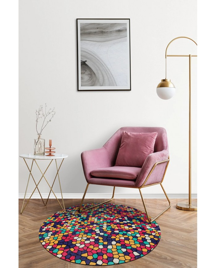 Blob Pamuk Tabanlı Yıkanabilen Kaymaz Antibakteriyel Şönil Yuvarlak Halı