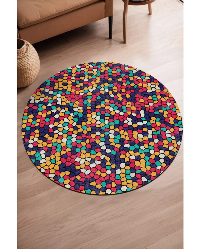 Blob Pamuk Tabanlı Yıkanabilen Kaymaz Antibakteriyel Şönil Yuvarlak Halı