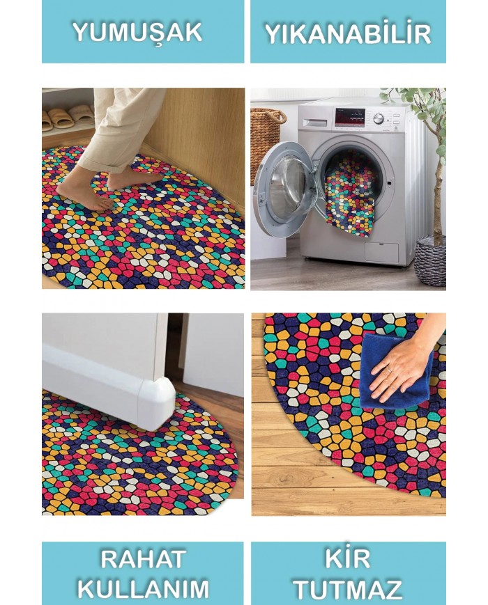Blob Pamuk Tabanlı Yıkanabilen Kaymaz Antibakteriyel Şönil Yuvarlak Halı
