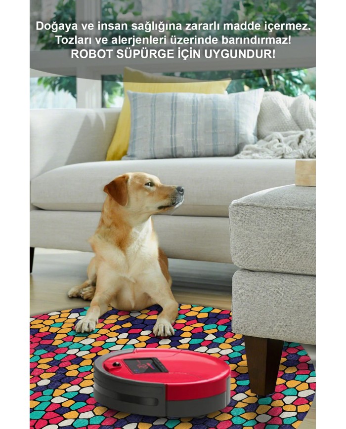 Blob Pamuk Tabanlı Yıkanabilen Kaymaz Antibakteriyel Şönil Yuvarlak Halı