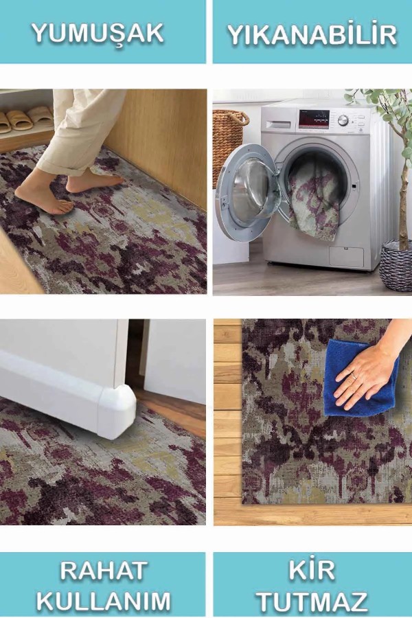 Brice Desenli Pamuk Tabanlı Yıkanabilen Kaymaz Antibakteriyel Şönil Salon Halısı