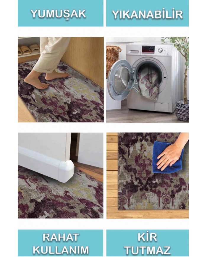 Brice Desenli Pamuk Tabanlı Yıkanabilen Kaymaz Antibakteriyel Şönil Salon Halısı