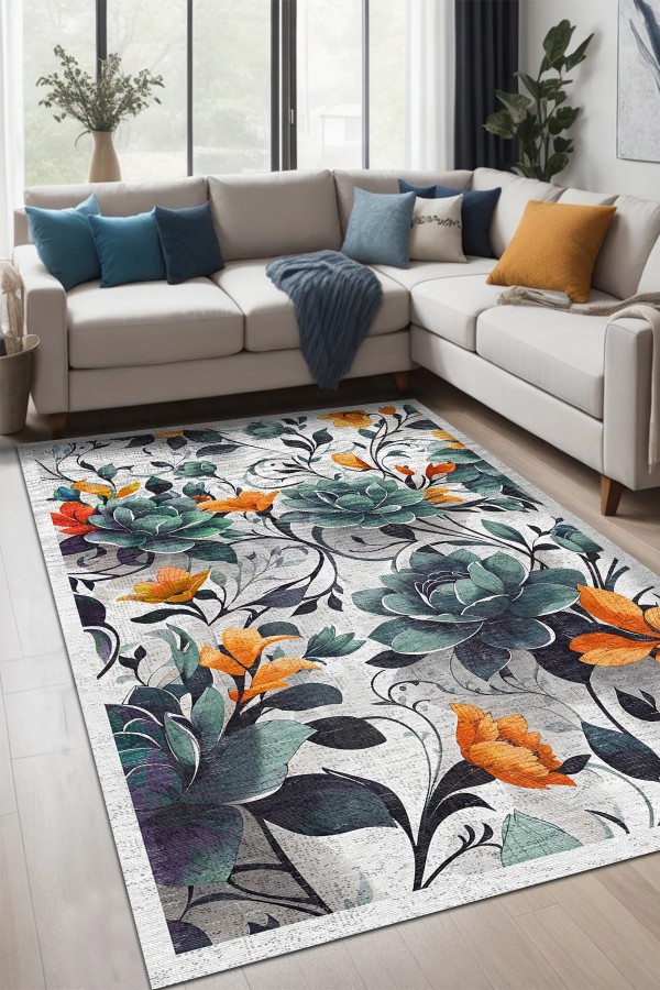 Bunch Desenli Pamuk Tabanlı Yıkanabilen Kaymaz Antibakteriyel Şönil Salon Halısı