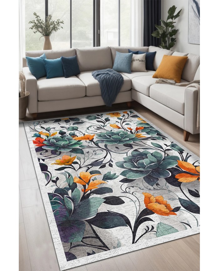 Bunch Desenli Pamuk Tabanlı Yıkanabilen Kaymaz Antibakteriyel Şönil Salon Halısı