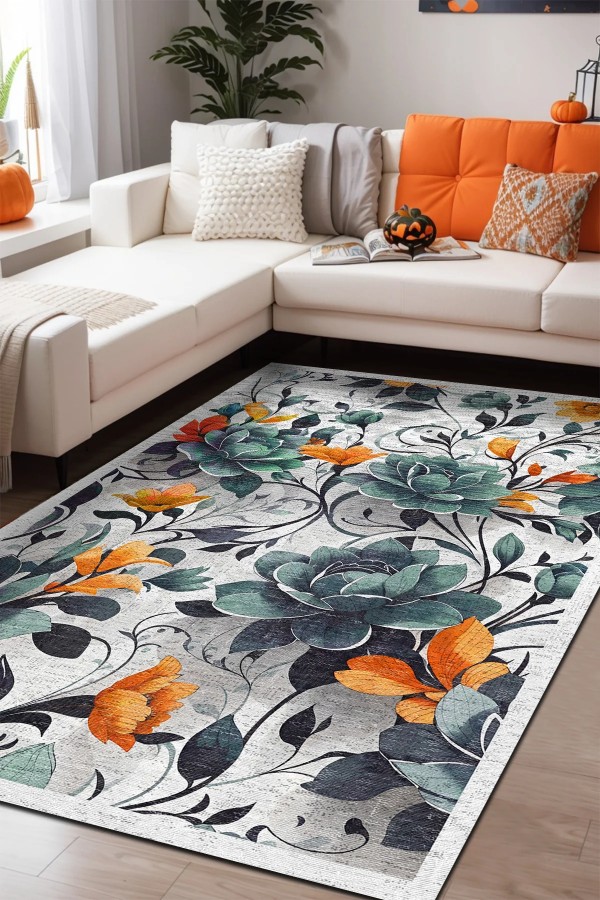 Bunch Desenli Pamuk Tabanlı Yıkanabilen Kaymaz Antibakteriyel Şönil Salon Halısı