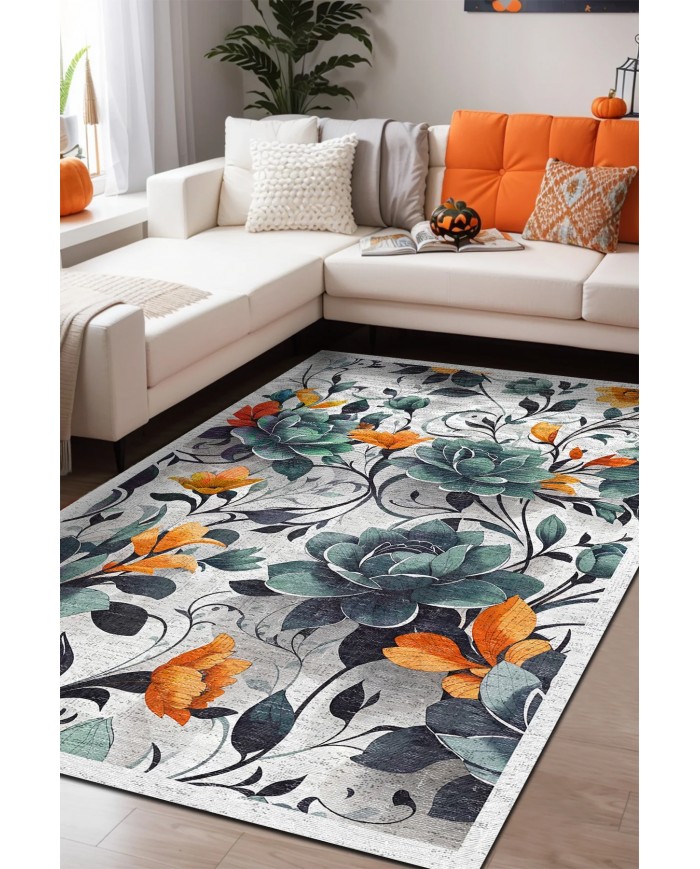 Bunch Desenli Pamuk Tabanlı Yıkanabilen Kaymaz Antibakteriyel Şönil Salon Halısı