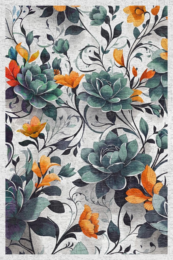 Bunch Desenli Pamuk Tabanlı Yıkanabilen Kaymaz Antibakteriyel Şönil Salon Halısı