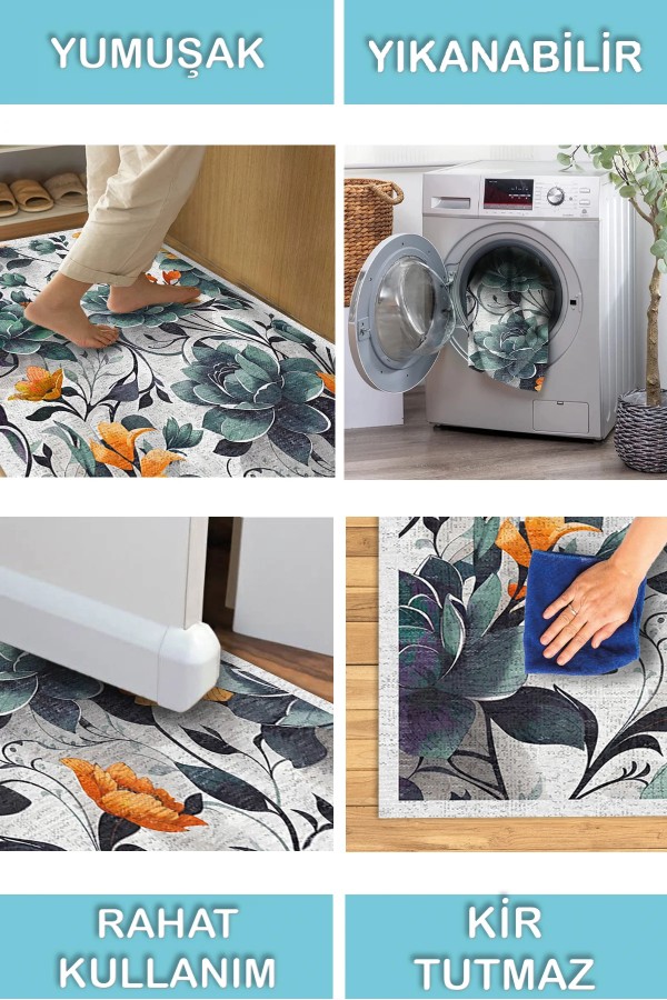 Bunch Desenli Pamuk Tabanlı Yıkanabilen Kaymaz Antibakteriyel Şönil Salon Halısı