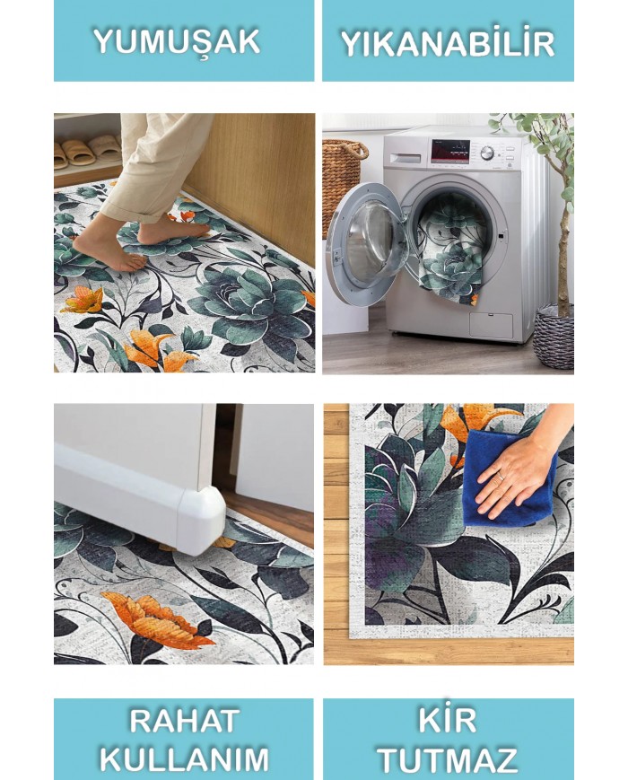 Bunch Desenli Pamuk Tabanlı Yıkanabilen Kaymaz Antibakteriyel Şönil Salon Halısı