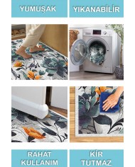 Bunch Desenli Pamuk Tabanlı Yıkanabilen Kaymaz Antibakteriyel Şönil Salon Halısı