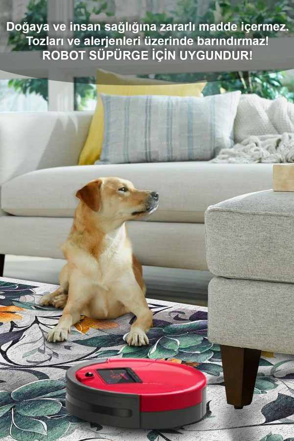 Bunch Desenli Pamuk Tabanlı Yıkanabilen Kaymaz Antibakteriyel Şönil Salon Halısı