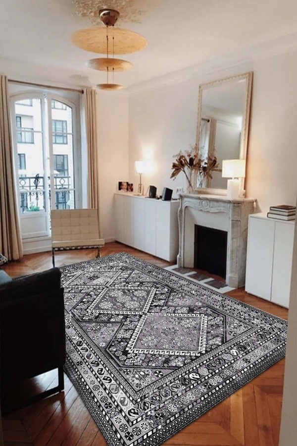 Cadie Desenli Pamuk Tabanlı Yıkanabilen Kaymaz Antibakteriyel Şönil Salon Halısı