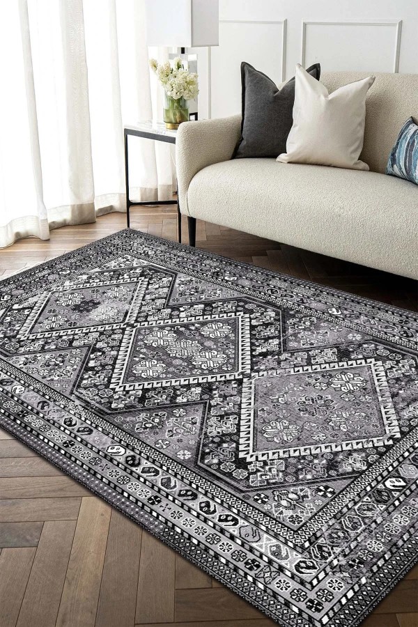 Cadie Desenli Pamuk Tabanlı Yıkanabilen Kaymaz Antibakteriyel Şönil Salon Halısı