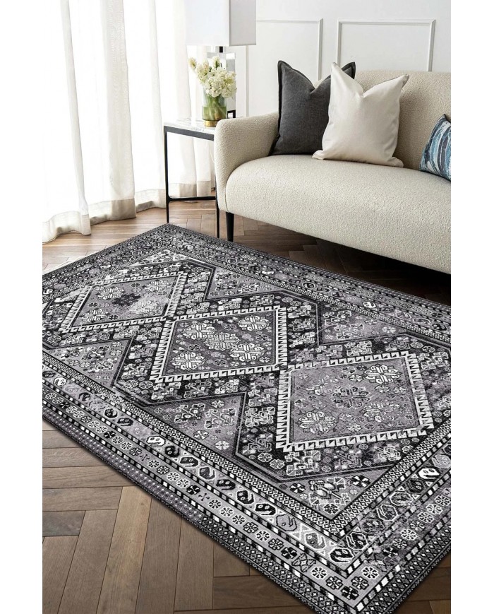 Cadie Desenli Pamuk Tabanlı Yıkanabilen Kaymaz Antibakteriyel Şönil Salon Halısı