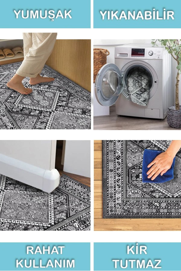 Cadie Desenli Pamuk Tabanlı Yıkanabilen Kaymaz Antibakteriyel Şönil Salon Halısı