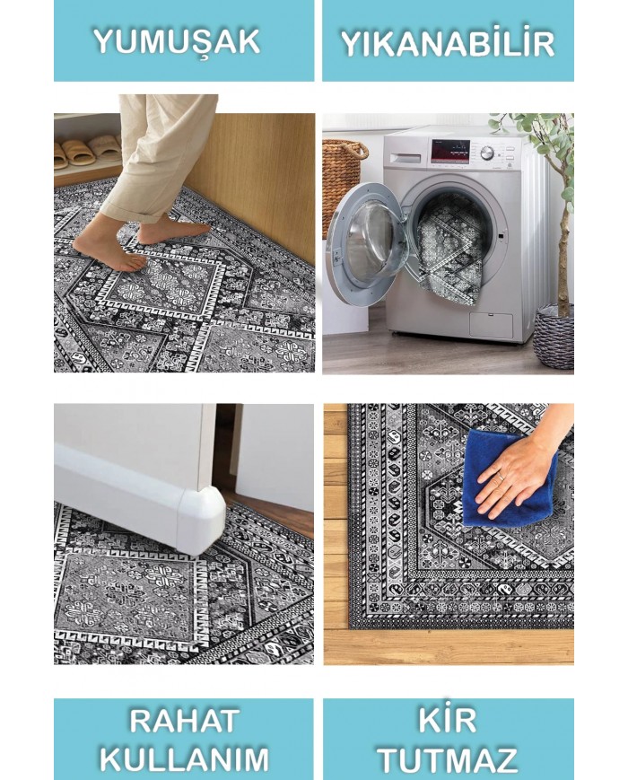 Cadie Desenli Pamuk Tabanlı Yıkanabilen Kaymaz Antibakteriyel Şönil Salon Halısı