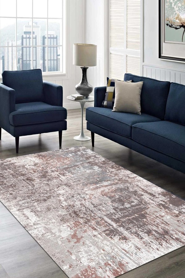 Carning Lora Desenli Pamuk Tabanlı Yıkanabilen Kaymaz Antibakteriyel Şönil Salon Halısı