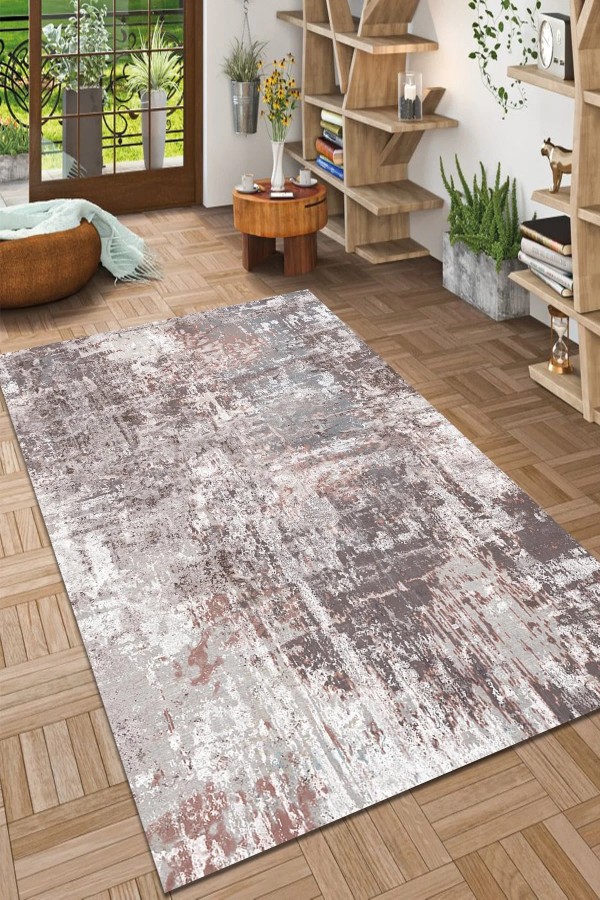 Carning Lora Desenli Pamuk Tabanlı Yıkanabilen Kaymaz Antibakteriyel Şönil Salon Halısı