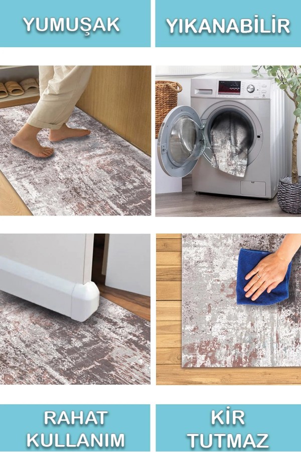 Carning Lora Desenli Pamuk Tabanlı Yıkanabilen Kaymaz Antibakteriyel Şönil Salon Halısı