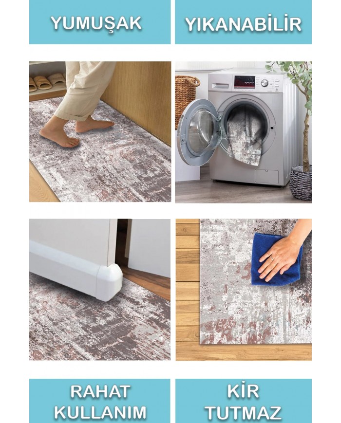 Carning Lora Desenli Pamuk Tabanlı Yıkanabilen Kaymaz Antibakteriyel Şönil Salon Halısı