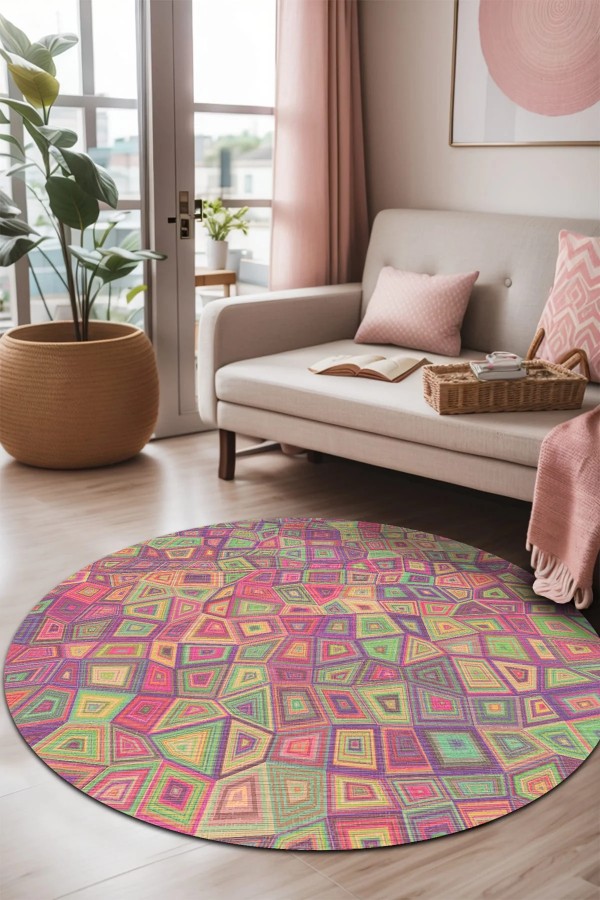 Cava Pamuk Tabanlı Yıkanabilen Kaymaz Antibakteriyel Şönil Yuvarlak Halı