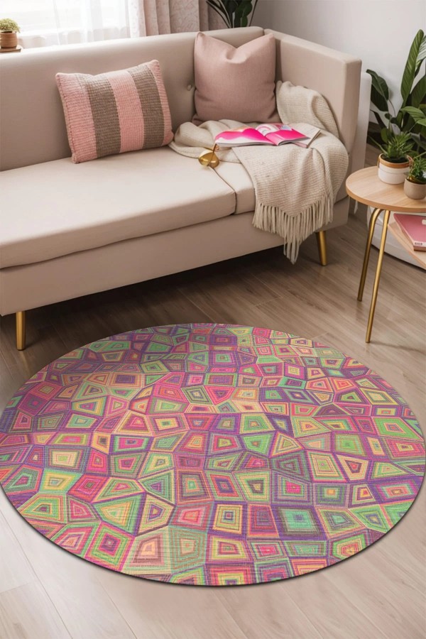 Cava Pamuk Tabanlı Yıkanabilen Kaymaz Antibakteriyel Şönil Yuvarlak Halı