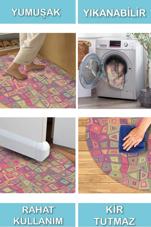 Cava Pamuk Tabanlı Yıkanabilen Kaymaz Antibakteriyel Şönil Yuvarlak Halı